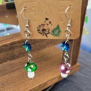 Green/Purple Mis-Match Mushroom Earrings Special CUSTOM Order - Stainless Steel
